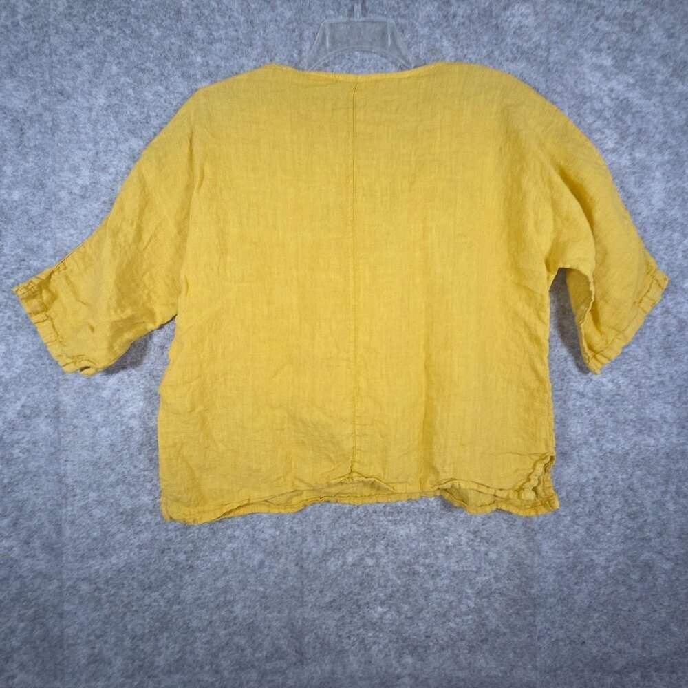 Gusy Women's Blouse Short Sleeve Pullover round neck Linen Yellow Size M classic - Picture 4 of 6